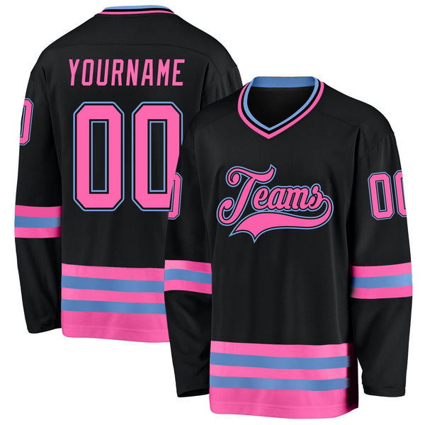 Custom Team Black Pink-Light Blue Hockey Jersey