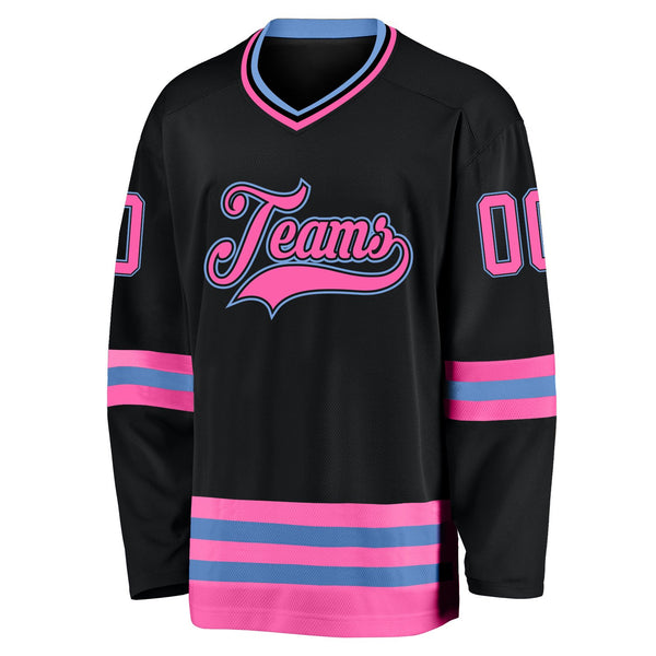 Custom Team Black Pink-Light Blue Hockey Jersey